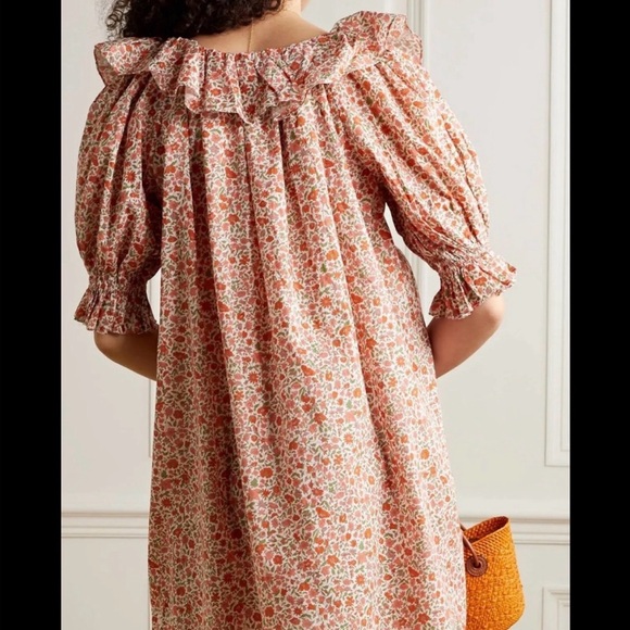 DÔEN Liberty Fabric Chime Floral Mini Dress Size M in Coral Poppy Boho Ruffles - Picture 12 of 13